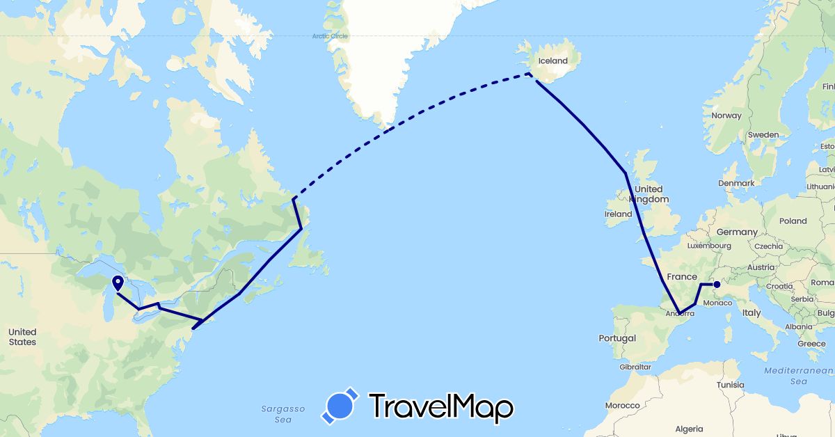 TravelMap itinerary: driving in Andorra, Canada, France, United Kingdom, Greenland, Iceland, Italy, United States (Europe, North America)